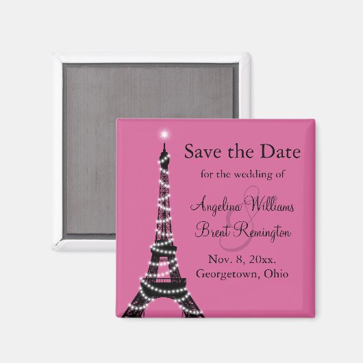 Eiffeltoren Sparkles Save the Date (fuchsia) Magneet (Voorkant / Achterkant)