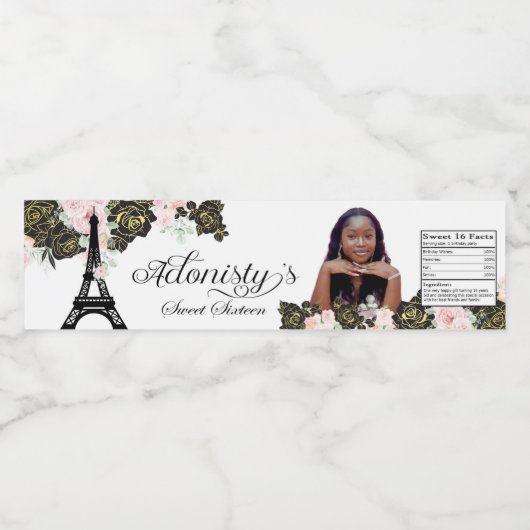 Eiffeltoren Sweet 16 waterflesetiketten. Waterfles Etiket (Enkel label)