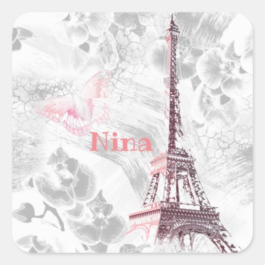 Eiffeltoren tegen de achtergrond van orchideeën vierkante sticker (Voorkant)