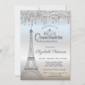 Eiffeltoren,Tiara,Druppels Zilveren Quinceañera Kaart (Voorkant)