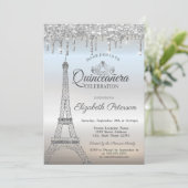 Eiffeltoren,Tiara,Druppels Zilveren Quinceañera Kaart (Staand voorkant)