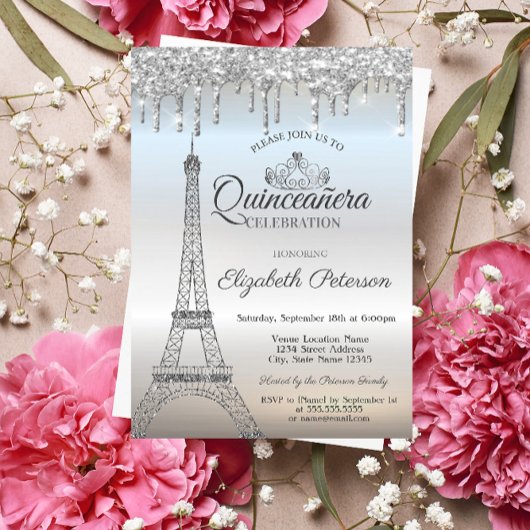 Eiffeltoren,Tiara,Druppels Zilveren Quinceañera Kaart