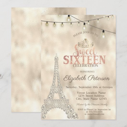 Eiffeltoren, Tiara Gold Lights Sweet 16 Kaart (Voorkant / Achterkant)
