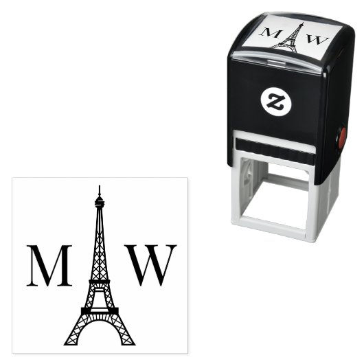 Eiffeltoren Twee Initiaal Paar Bruiloft Monogram 2 Zelfinktende Stempel (In situ)