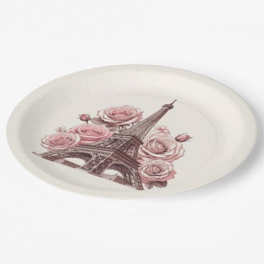 Eiffeltoren van Parijs & Roze Rozen Papieren Bordje (Gekanteld)