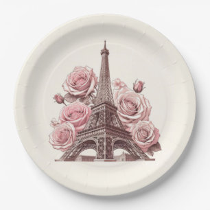 Eiffeltoren van Parijs & Roze Rozen Papieren Bordje