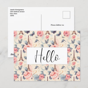 Eiffeltoren vlinder en Roos Hallo patroon Briefkaart
