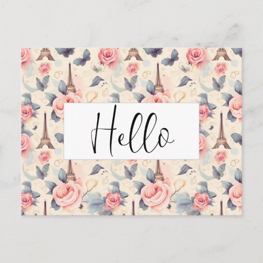 Eiffeltoren vlinder en Roos Hallo patroon Briefkaart (Voorkant)