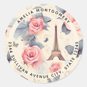 Eiffeltoren Vlinder en Rozen - Adres Ronde Sticker