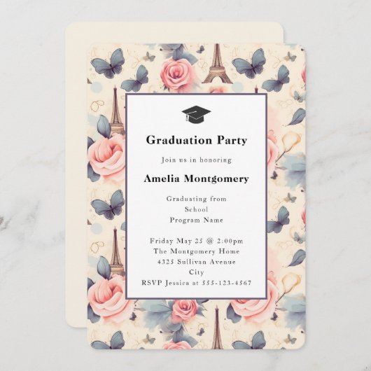 Eiffeltoren vlinder en Rozen Afstuderen Kaart (Voorkant / Achterkant)