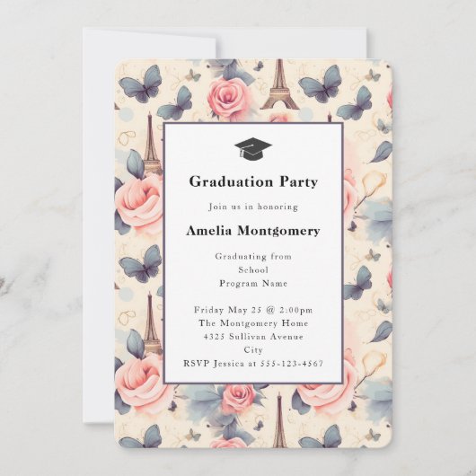 Eiffeltoren vlinder en Rozen Afstuderen Kaart (Voorkant)
