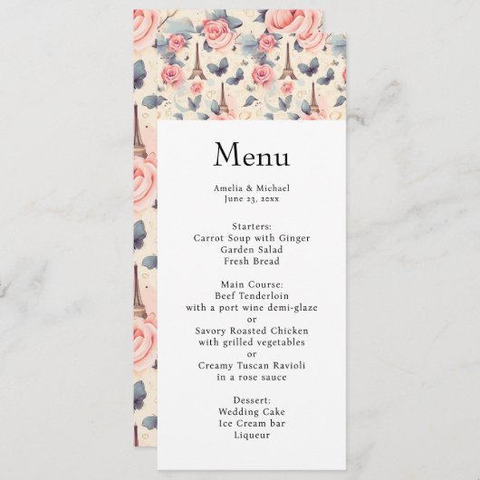Eiffeltoren vlinder en Rozen bruiloft menu Kaart (Voorkant / Achterkant)