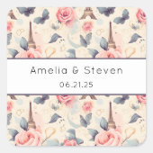 Eiffeltoren vlinder en Rozen - Bruiloftsfeest Vierkante Sticker (Voorkant)