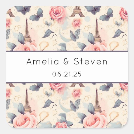 Eiffeltoren vlinder en Rozen - Bruiloftsfeest Vierkante Sticker (Voorkant)