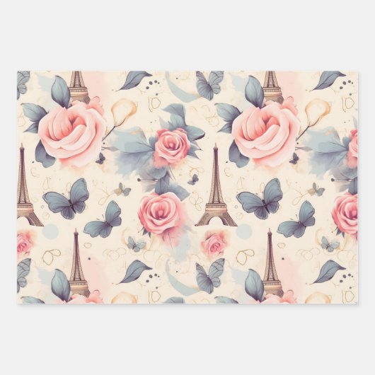Eiffeltoren vlinder en Rozen Inpakpapier Vel (Voorkant 3)