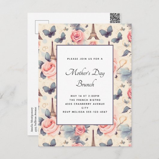 Eiffeltoren Vlinder en Rozen Moederdag Briefkaart (Voorkant / Achterkant)