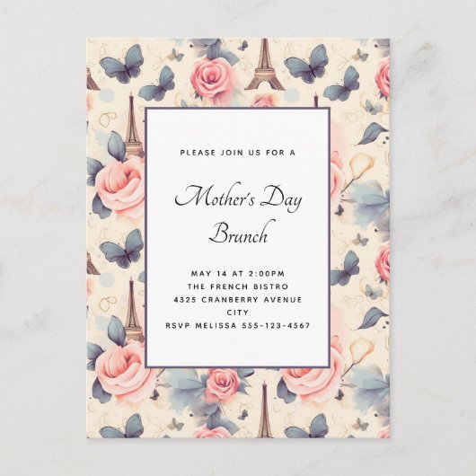 Eiffeltoren Vlinder en Rozen Moederdag Briefkaart (Voorkant)