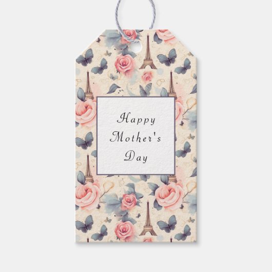 Eiffeltoren Vlinder en Rozen Moederdag Cadeaulabel (Voorkant)