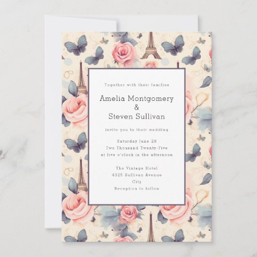 Eiffeltoren Vlinder en Rozen Patroon Bruiloft Kaart (Voorkant)