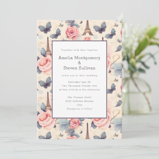 Eiffeltoren Vlinder en Rozen Patroon Bruiloft Kaart (Staand voorkant)