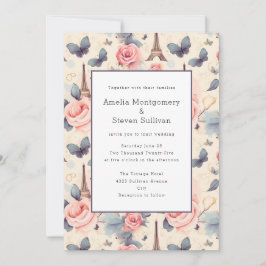 Eiffeltoren Vlinder en Rozen Patroon Bruiloft Kaart