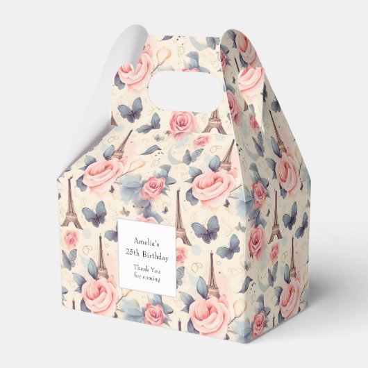 Eiffeltoren Vlinder en Rozen Patroon Verjaardag Bedankdoosjes (Voorkant Zijde)