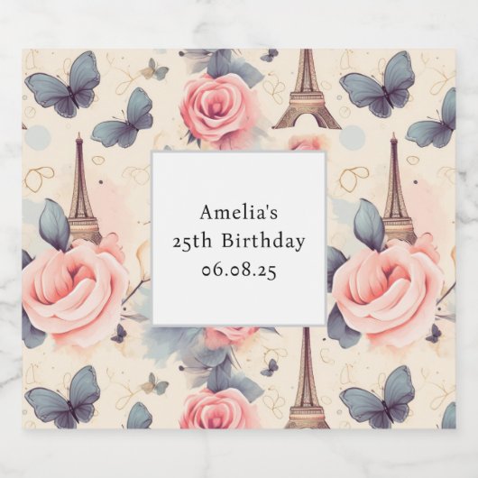 Eiffeltoren Vlinder en Rozen Patroon Verjaardag Bier Etiket (Enkel label)