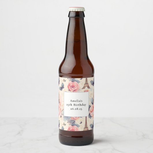 Eiffeltoren Vlinder en Rozen Patroon Verjaardag Bier Etiket (Voorkant)