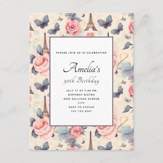 Eiffeltoren Vlinder en Rozen Patroon Verjaardag Briefkaart (Voorkant)