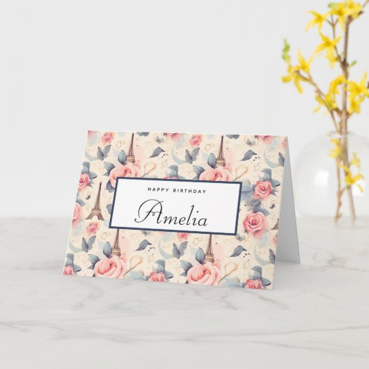 Eiffeltoren Vlinder en Rozen Patroon Verjaardag Kaart (Gele Bloem)