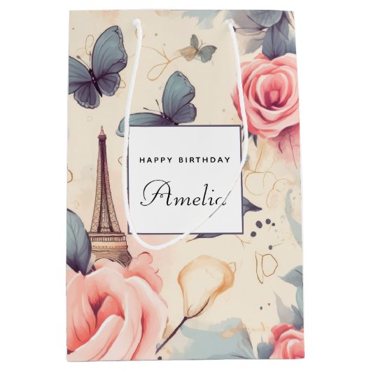 Eiffeltoren Vlinder en Rozen Patroon Verjaardag Medium Cadeauzakje (Voorkant)