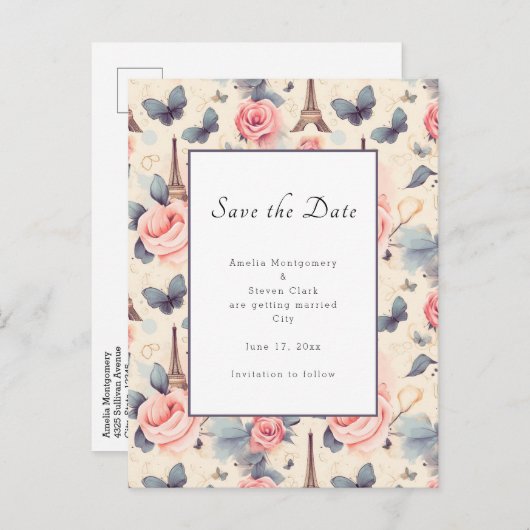 Eiffeltoren vlinder en Rozen patroonbruiloft Aankondigingskaart (Voorkant / Achterkant)