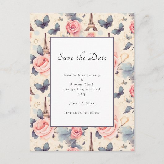 Eiffeltoren vlinder en Rozen patroonbruiloft Aankondigingskaart (Voorkant)