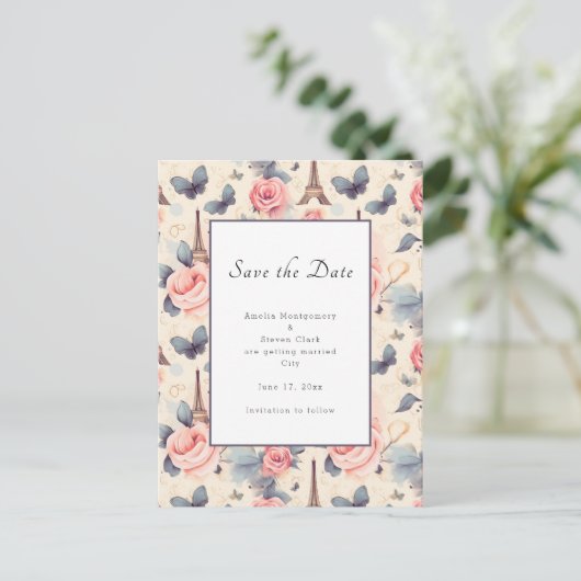 Eiffeltoren vlinder en Rozen patroonbruiloft Aankondigingskaart (Staand voorkant)