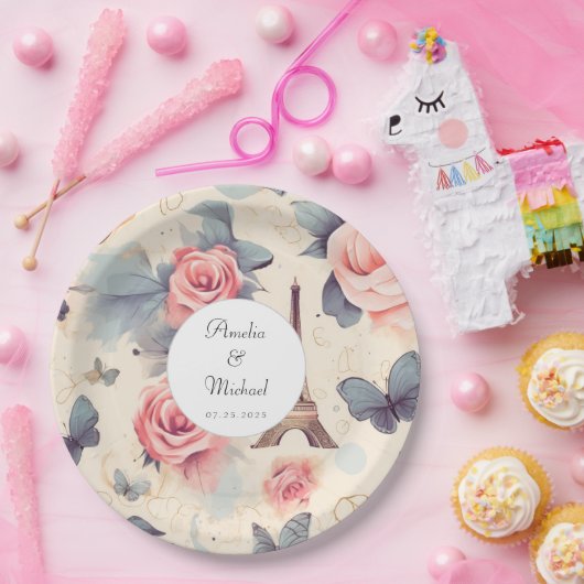 Eiffeltoren vlinder en Rozen patroonbruiloft Papieren Bordje (Feest)