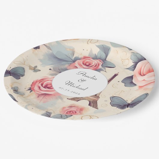 Eiffeltoren vlinder en Rozen patroonbruiloft Papieren Bordje (Gekanteld)