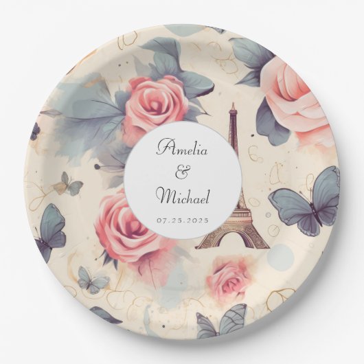 Eiffeltoren vlinder en Rozen patroonbruiloft Papieren Bordje (Voorkant)
