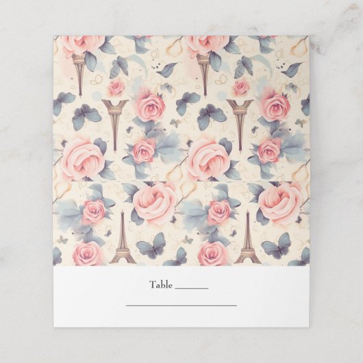 Eiffeltoren vlinder en Rozen patroonbruiloft Plaatskaartje (Buitenkant ongevouwen)