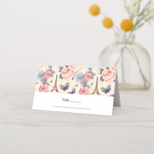 Eiffeltoren vlinder en Rozen patroonbruiloft Plaatskaartje (Voorkant)