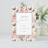 Eiffeltoren vlinder en Rozen patroonbruiloft RSVP Kaartje (Staand voorkant)