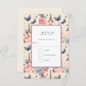 Eiffeltoren vlinder en Rozen patroonbruiloft RSVP Kaartje (Voorkant / Achterkant)