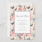 Eiffeltoren vlinder en Rozen patroonbruiloft Save The Date (Voorkant)