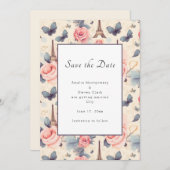 Eiffeltoren vlinder en Rozen patroonbruiloft Save The Date (Voorkant / Achterkant)