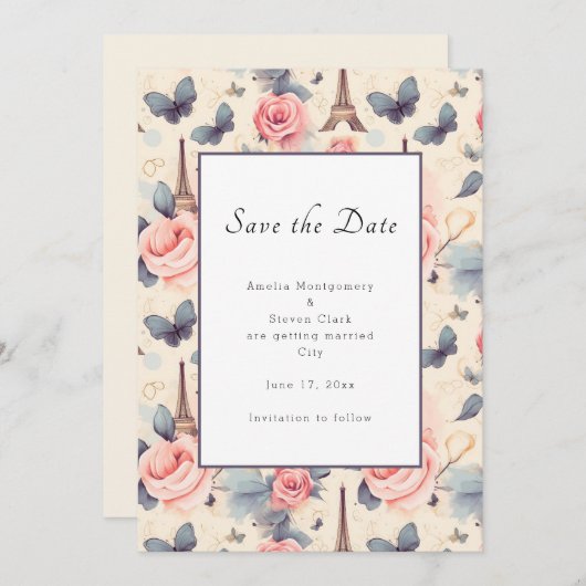 Eiffeltoren vlinder en Rozen patroonbruiloft Save The Date (Voorkant / Achterkant)