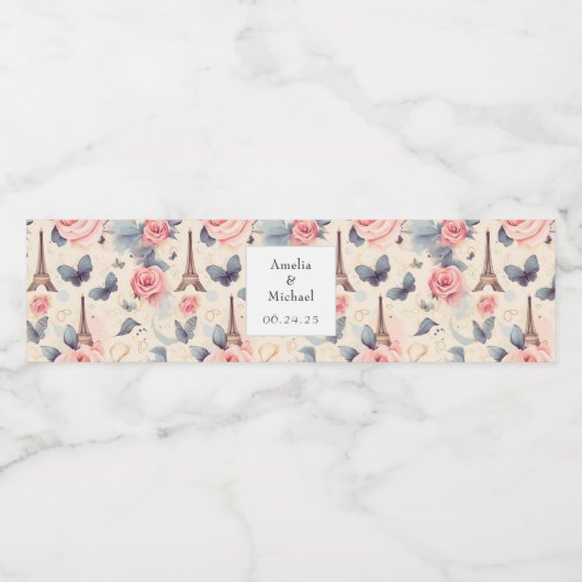 Eiffeltoren vlinder en Rozen patroonbruiloft Waterfles Etiket (Enkel label)