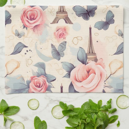 Eiffeltoren vlinder en Rozen Theedoek (Gevouwen)