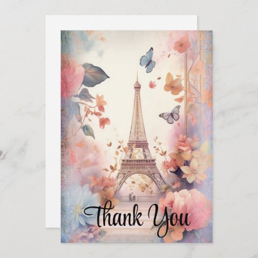 Eiffeltoren Vlinders en bloemen Bedankkaart (Voorkant / Achterkant)