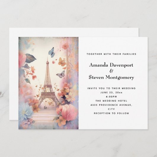 Eiffeltoren Vlinders en bloemen bruiloft Kaart (Voorkant / Achterkant)