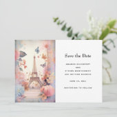 Eiffeltoren Vlinders en bloemen bruiloft Save The Date (Staand voorkant)