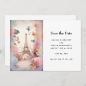 Eiffeltoren Vlinders en bloemen bruiloft Save The Date (Voorkant / Achterkant)